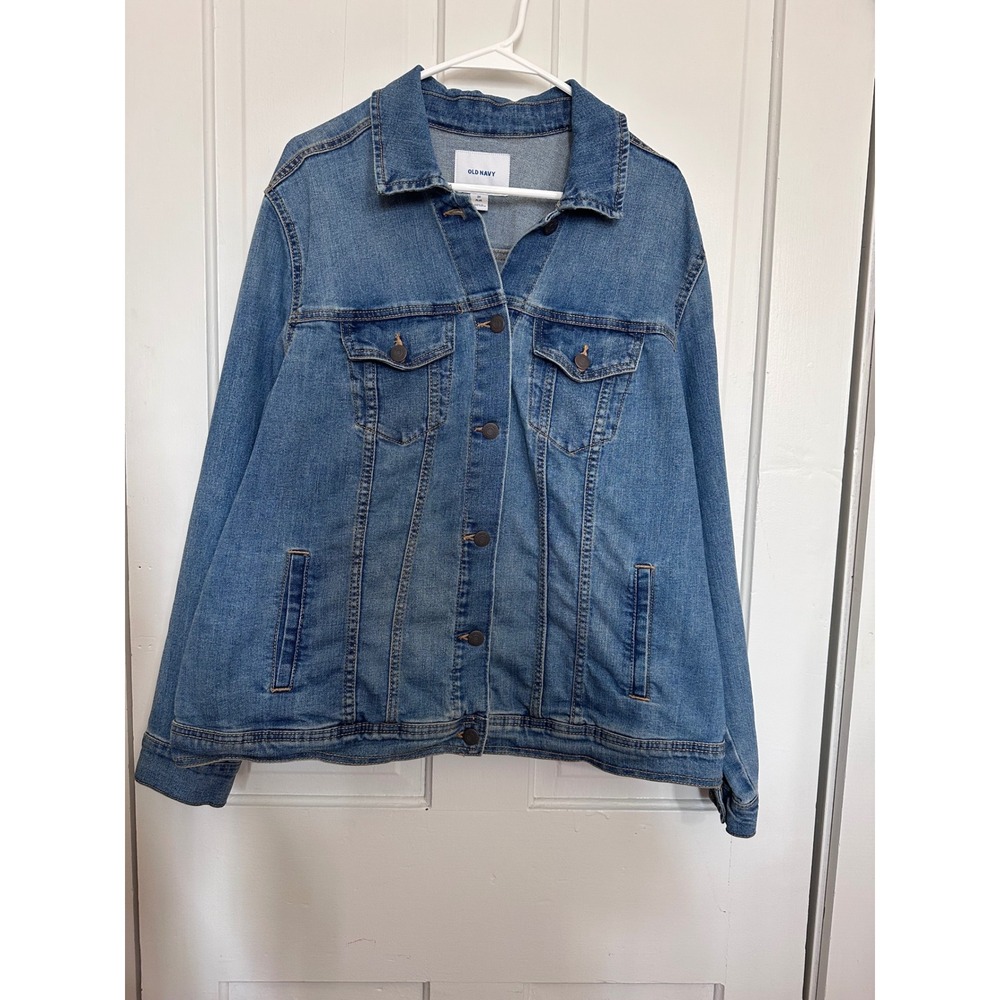 Old Navy Womens Plus 2X Denim Jacket Medium Wash Blue Cotton Blend Stretch Jean